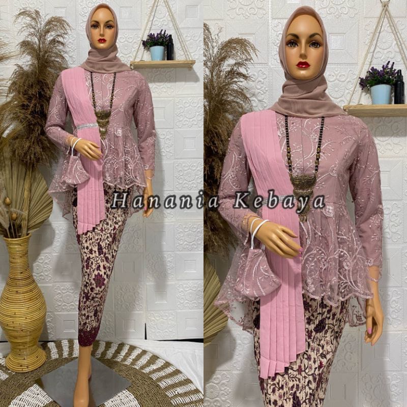 (Realpict) set kebaya aira selendang/set kebaya aurora selendang/kebaya modern/blouse Amalia-Set rose gold