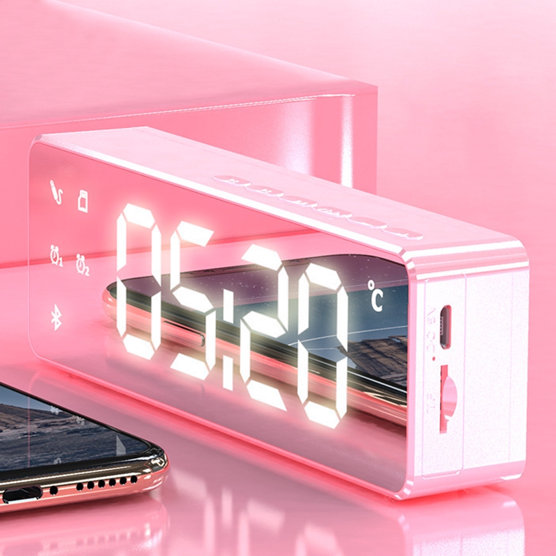 LED Alarm Clock Mirror Bluetooth Speaker Adjustable Brightness Temperature Display Answer By Phone