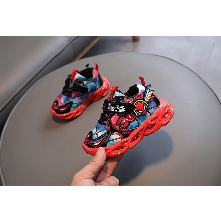 READY STOK!!! sepatu LED anak laki laki keren motif SPIDERMAN usia 0-6 tahun import sneakers premium empuk korea / babylovanta