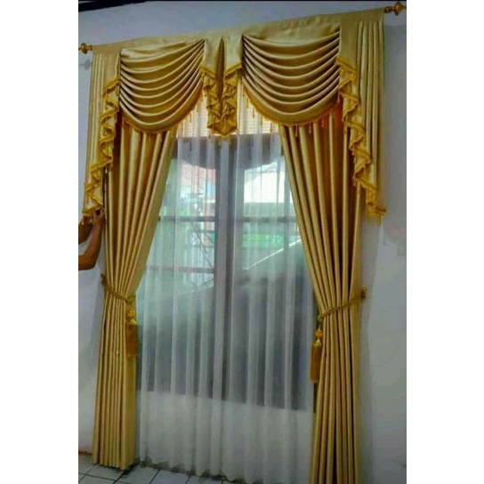 Gorden Poni Spanyol Warna Gold Minimalis Satu set Poni Gelombang Tirai pintu Gorden jendela kamar