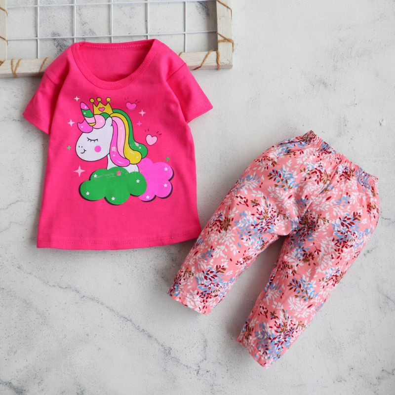 Setelan Baju Celana Anak Perempuan Usia 0-12 bulan Motif Crown Unicorn