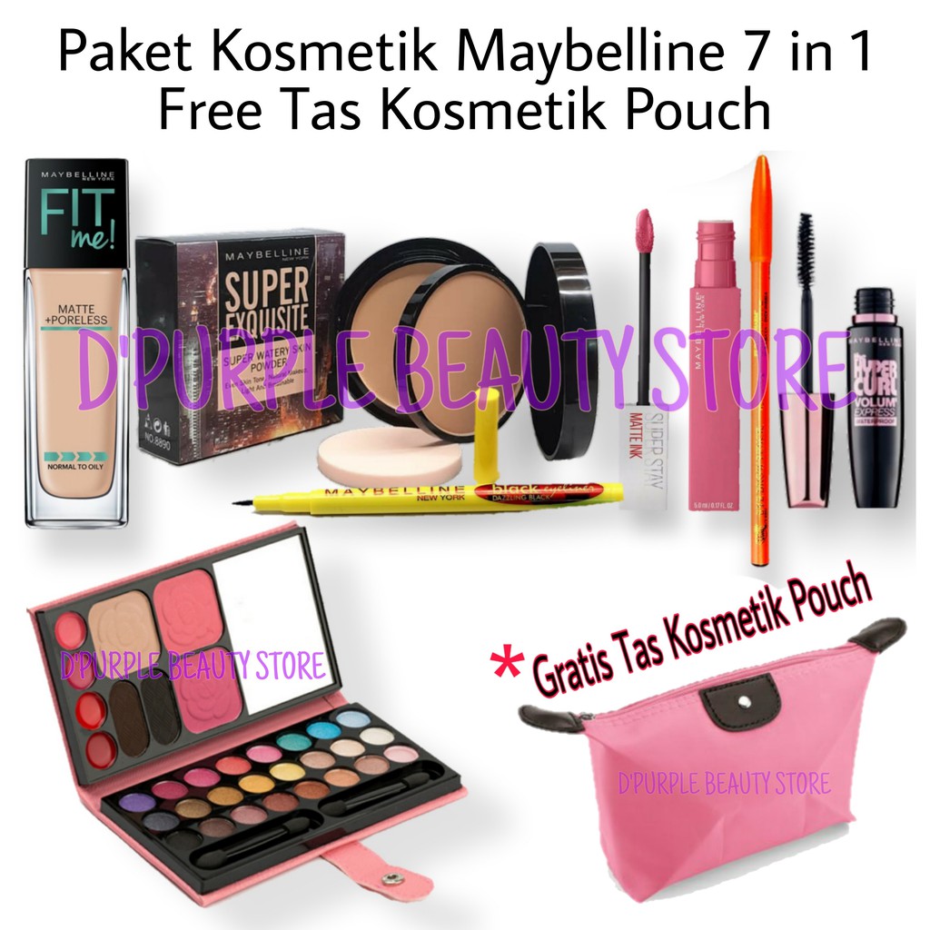 Paket Kosmetik Maybelline Super Komplit 7 in 1 Gratis Tas Kosmetik Pouch