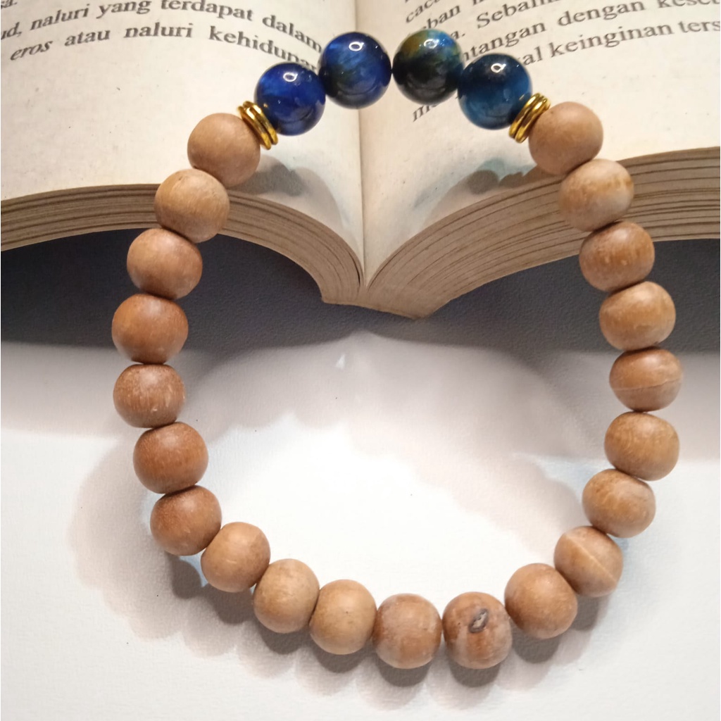 Gelang Batu Original Handmade Kayu Cendana Kombinasi Batu Alam Blue Tiger Eye