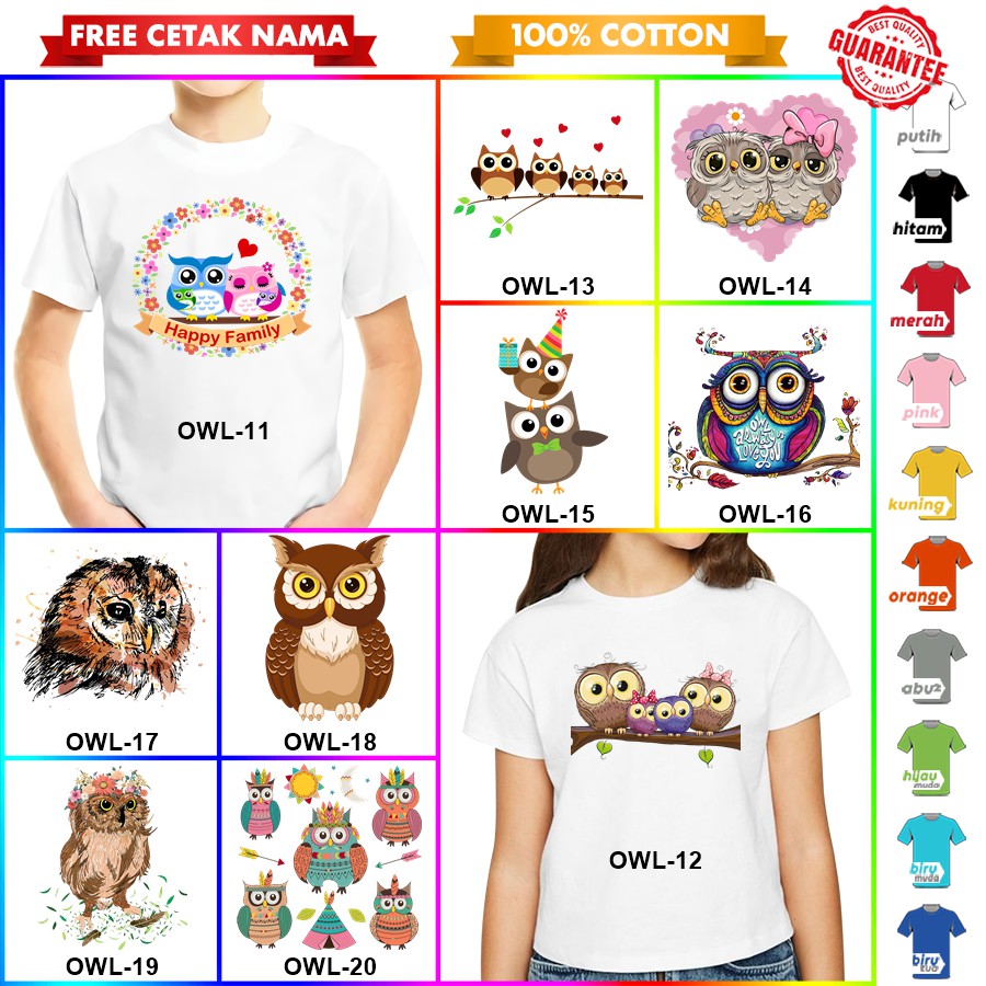 [FREE NAMA!!] Kaos baju COUPLE  ANAK DAN DEWASA BURUNG HANTU OWL BANYAK MOTIF