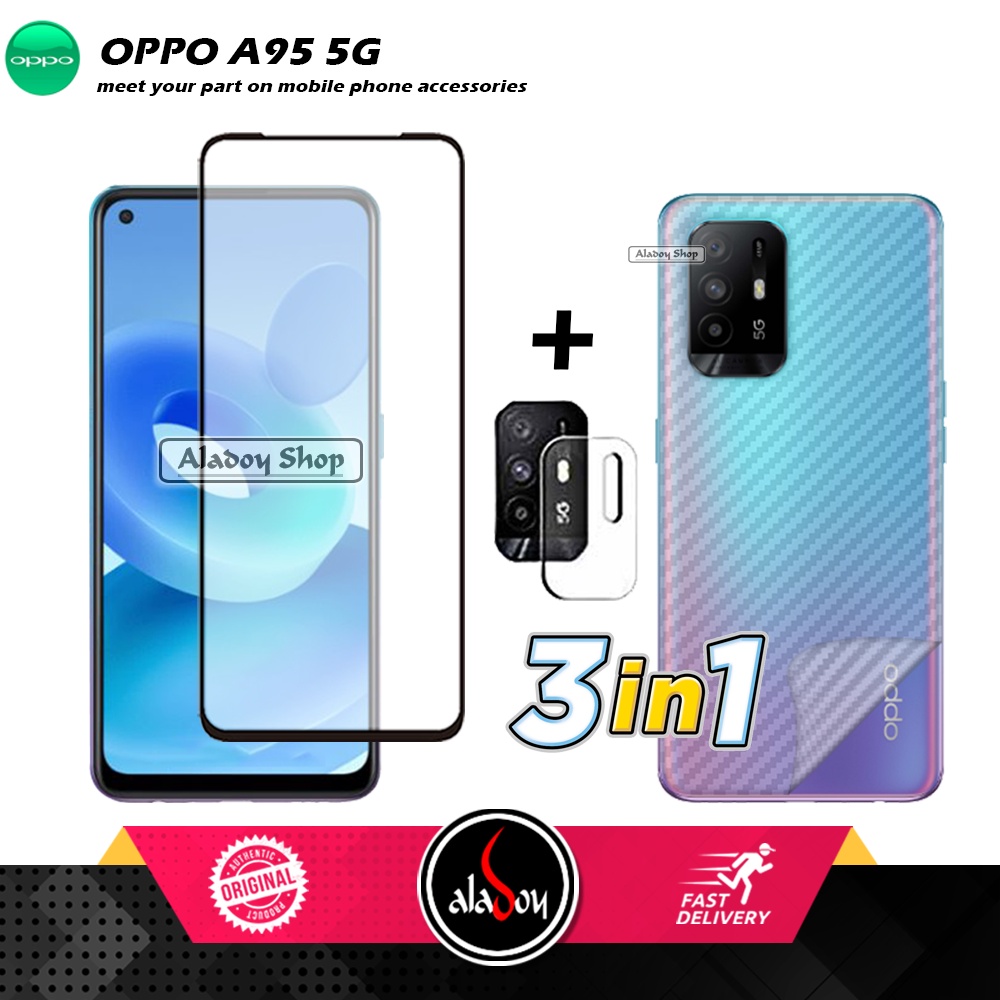 PAKET 3 IN 1 Tempered Glass Layar Oppo A95 5G 2021 Free Tempered Glass Camera dan Skin Carbon