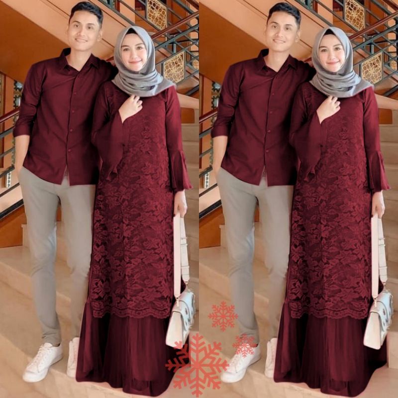 Baju Gamis Dress Brukat Brokat Pesta Kondangan Muslim PELNO Couple S M L XL XXL JUMBO Warna MERAH MA