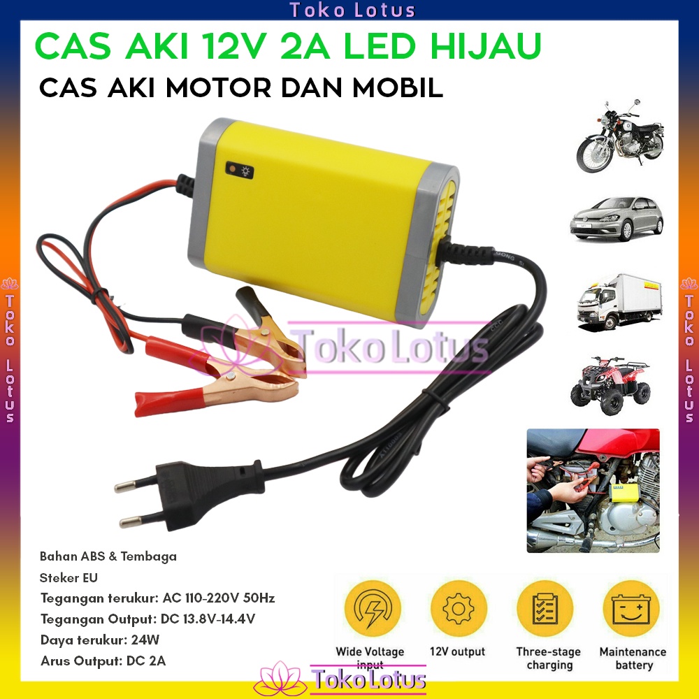 [BISA COD] mobil / sepeda motor Battery Charger LED Maintainer Trickle 12V 2A Varian Hijau / Kuning