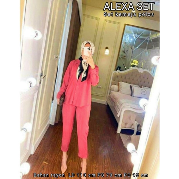 Alexa One Set Wanita Rayon Premium Setelan Wanita Kemeja Polos Lengan Panjang Set Celana Wanita Kekinian LD 110 cm