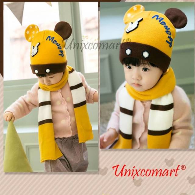 Topi Kupluk Anak Bayi Mickey Bahan Rajut Topi dan Syal