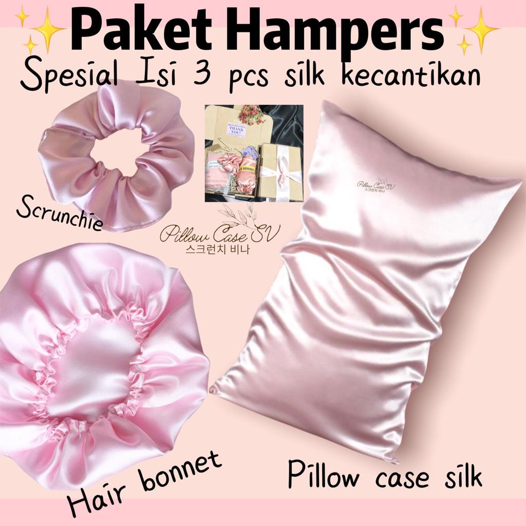 Sarung Bantal silk + hair bonnet silk + scrunchie silk bundle isi 3 pcs satin silk SV