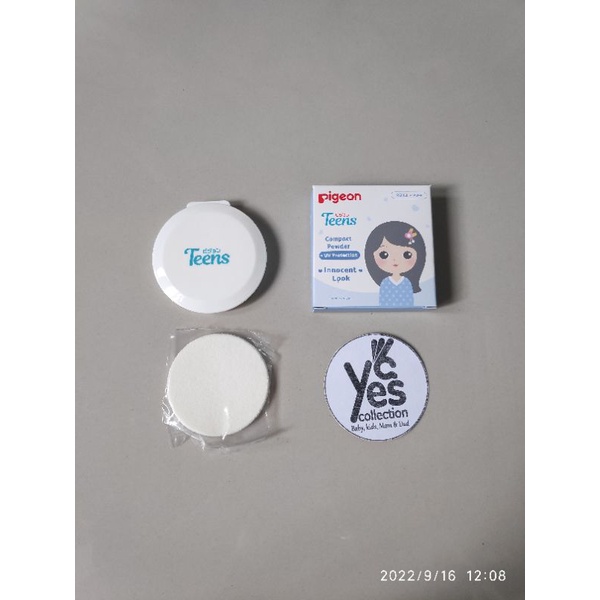 Bedak Padat Anak Pigeon Teens Compact Powder BIRU UV Protection Tempat Kaca + Refil + Puff Makeup Remaja Natural Beige Sand Pure White Pink