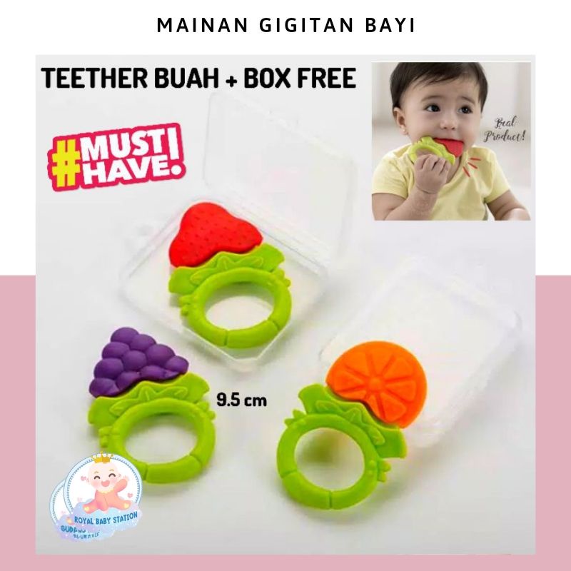 FREE BOX! Mainan gigitan teether bayi buah genggam (dengan box)