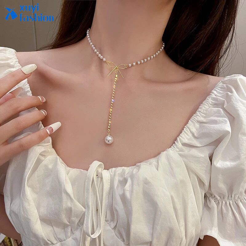 Kalung Choker Rantai Emas Dengan Liontin Pita Hias Kristalmutiara Untuk Wanita