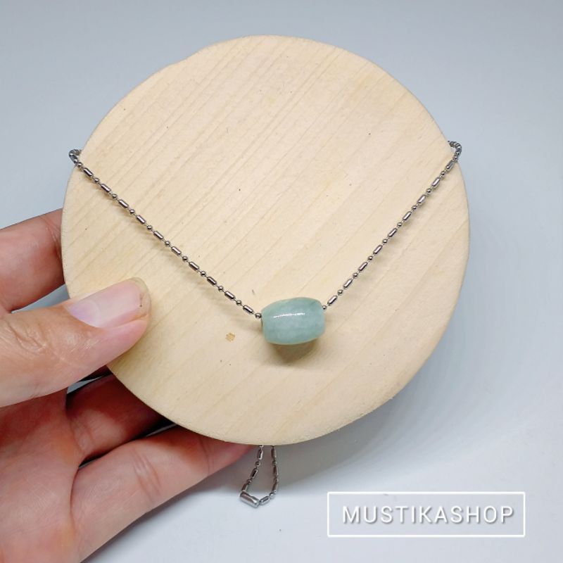 Kalung Titanium Giok Hijau Burma Tabung Asli Natural 12mm