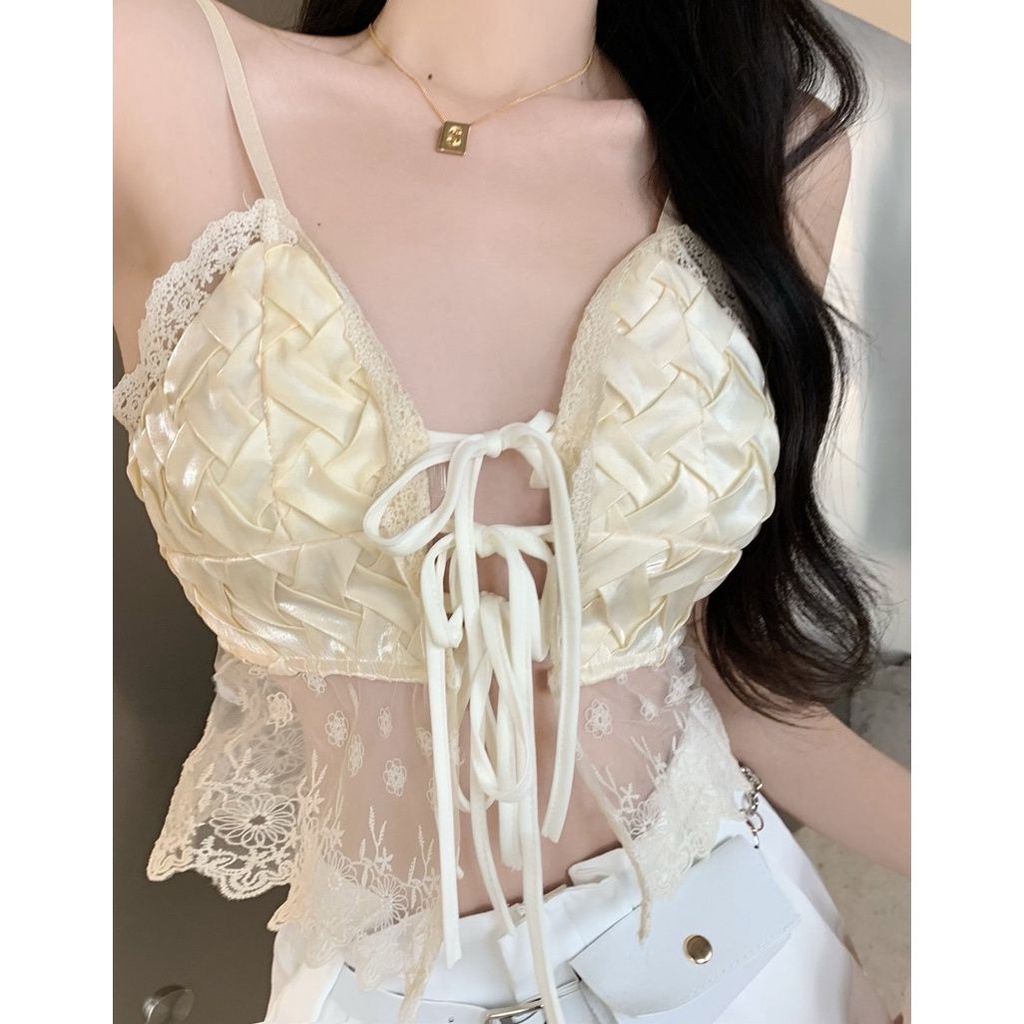 Red wanita French lace suspender kecil keinginan murni angin atas pakaian luar musim panas wanita desain ceruk kecil rompi kecantikan bagian dalam pendek