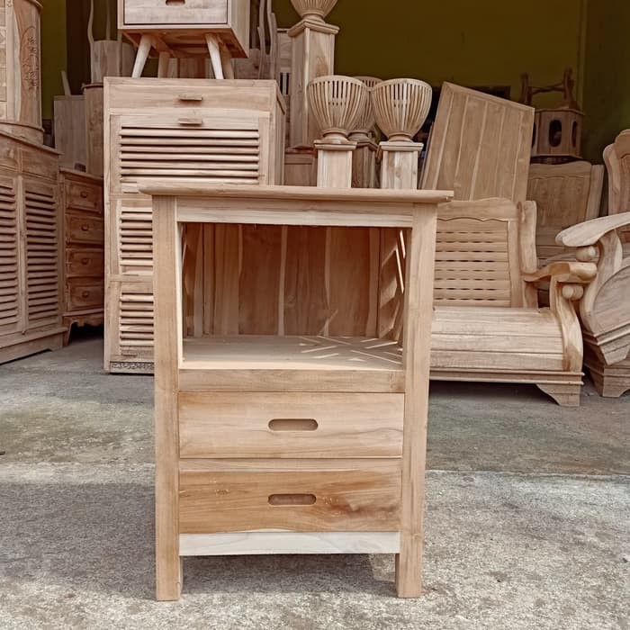 meja Nakas Bed Side Table Mentah 2 Laci Jati