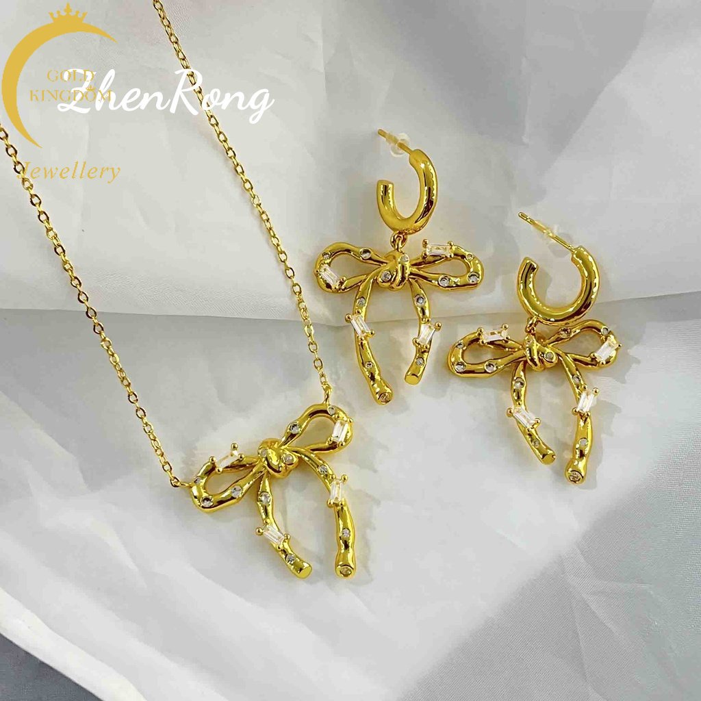 Goldkingdom Perhiasan Fashion Emas Asli Kadar 375 Bangkok Aksesoris Ready Stock Busur Berlian Vintage Dengan Kepribadian Minimal Anting Kalung