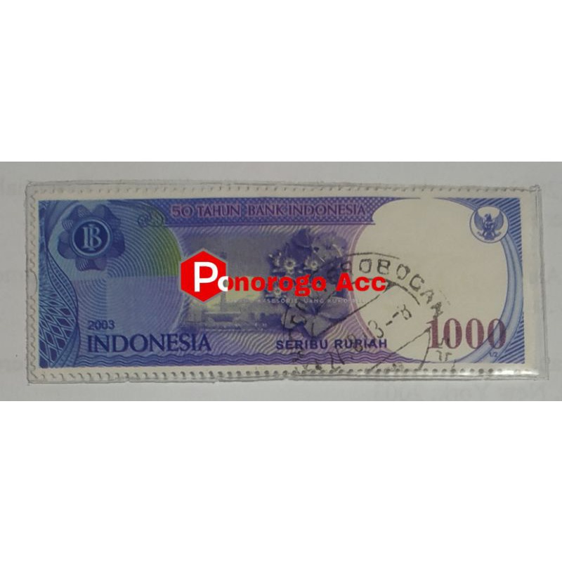 Perangko lama nominal 1000 peringatan 50 tahun bank indonesia tahun 2003 motif uang 1000 rupiah