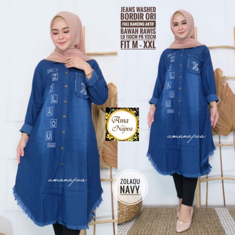 Zolaqu tunik navy | jeans wash bordir ori | full kncing aktif bawah rawis
