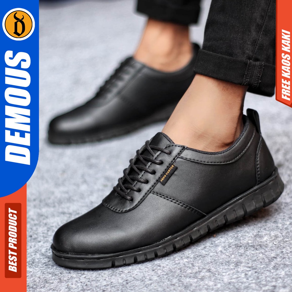 Sepatu Formal Casual Pria Kulit Pu Pantofel Kerja Hitam Fullblack Demous Brrodi