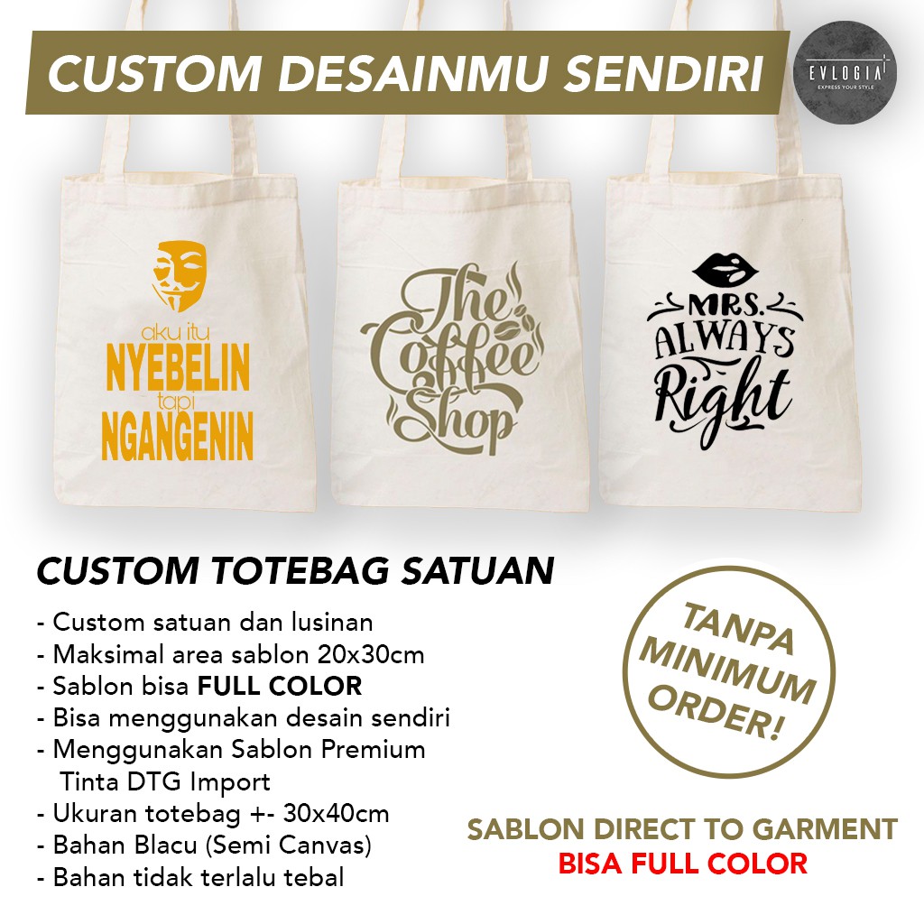 

Custom Satuan Totebag Goodie Bag Tas Kanvas Promosi Premium Sablon Polyflex Desain Bebas!