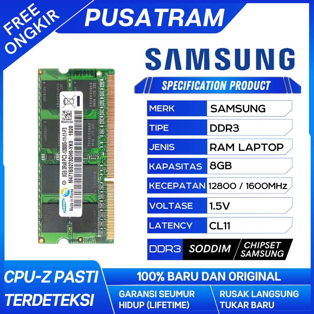 RAM LAPTOP SAMSUNG DDR3 8GB 12800/1600MHz ORIGINAL RAM SODIMM 1.5v 8GB