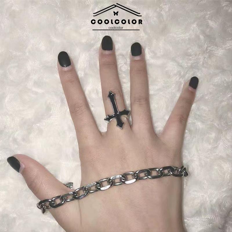 COD Cincin Hitam Cross Retro Fashion Cincin Pria Wanita Minyak Menetes Punk Jari Telunjuk Tren Cincin Hitam