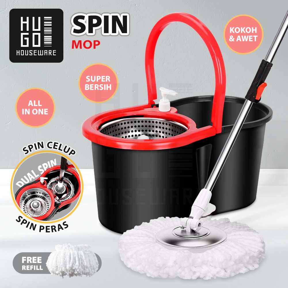 HUGO Alat Pel Lantai Ultra Mop Kano - Pel Lantai Praktis Peras Otomatis Spin Mop Black