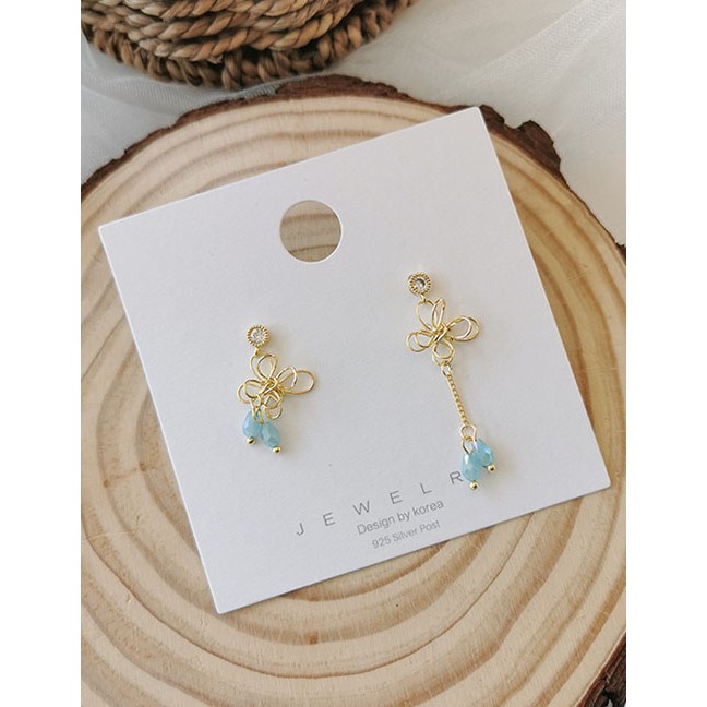 LRC Anting Tusuk Fashion Blue Asymmetric Bow Dripping Tassel Earrings D98399