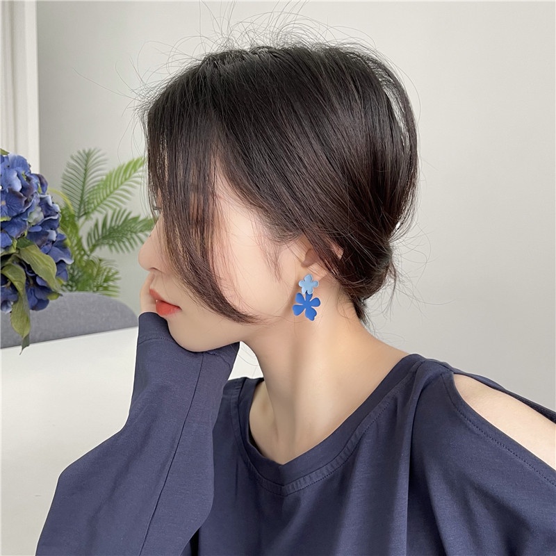 Sterling silver jarum biru bunga anting-anting elegan Super fairy 2021 Baru kancing klip telinga ant