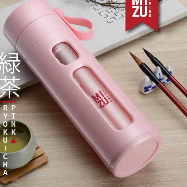 ozd RYOKU-CHA Glass Water Bottle Botol Air Minum Kaca Tumbler Teh 600ml - PINK