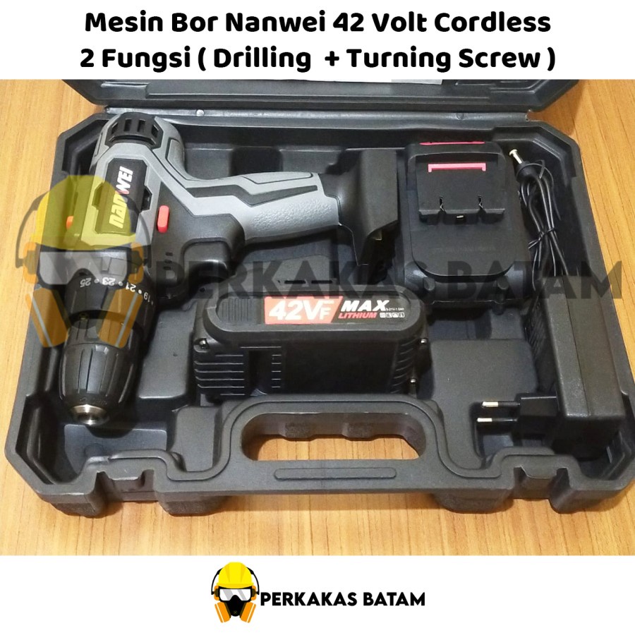 Mesin Bor Baterai Cordless Drill Driver 42V 10mm ScrewDriver Drill Nanwei 2 Fungsi