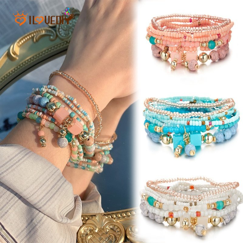 8pcs / Set Gelang Manik-Manik Batu Kristal Warna-Warni Multilayer Gaya Bohemia Untuk Wanita