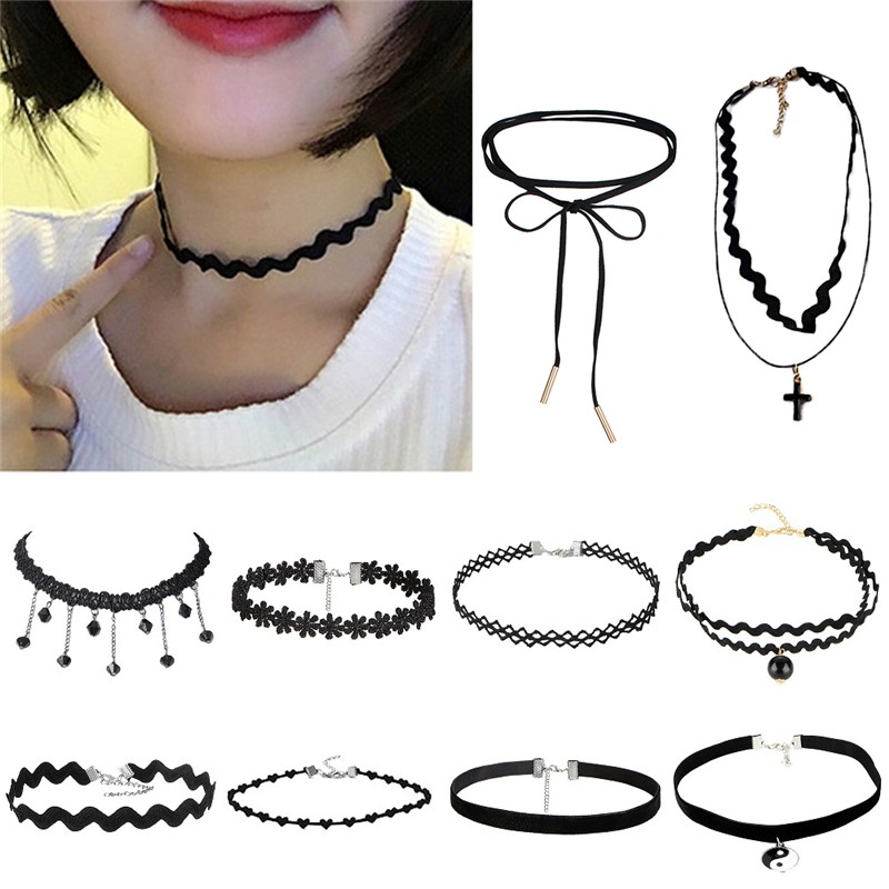 [Bayar Di Tempat]Kalung Bahan Bahan Velvet Warna Hitam Hiasan Renda Bergaya Vintage Punk Gothic