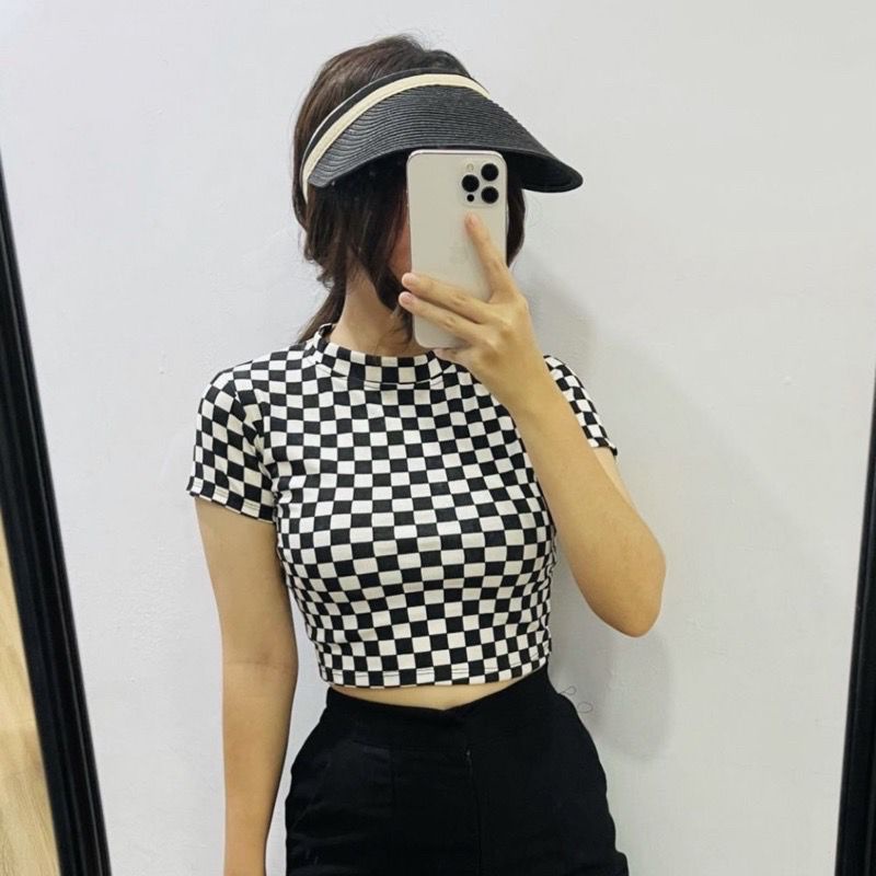 Tq88indonesia Fashion Baju  Crop Kaos Wanita Terbaru / Baju Checker Catur Crop Top RIB / Tshirt Wanita Lengan Kimono / Baju Kasual Wanita / Baju Santai Cewek / Baju seksi Wanita