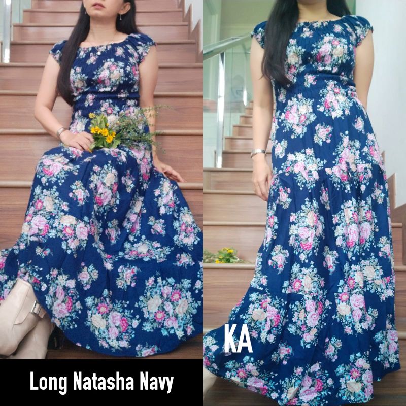 Daster Panjang Serut Dada Rayon Adem Longdress Cantik Bunga Sakura Natasha-Navy natasha