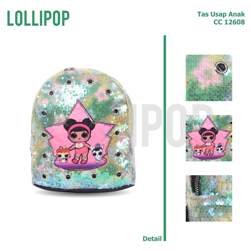 [KLIKTAS] Tas anak perempuan Lollipop Sequin LOL ransel TK PAUD sekolah manik bonus lampu CC 12607