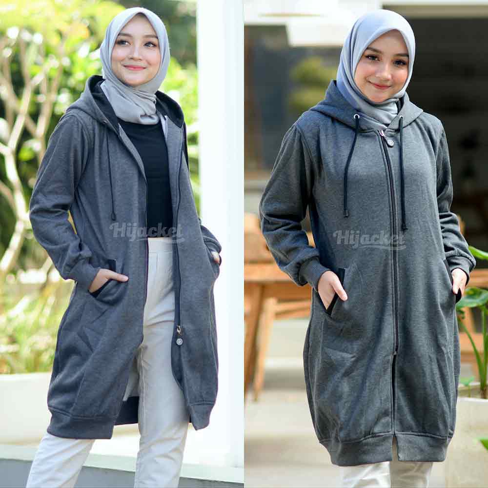 Jaket Jacket Polos Panjang Wanita Cewek Muslimah Hijabers Hoodie Kekinian Abu Tua Hijacket BC Misty-4