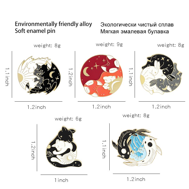 Bros / Pin Desain Matahari / Bulan / Rubah / Koi / Kelinci / Serigala Enamel Untuk Aksesoris Kerah Pakaian / Tas