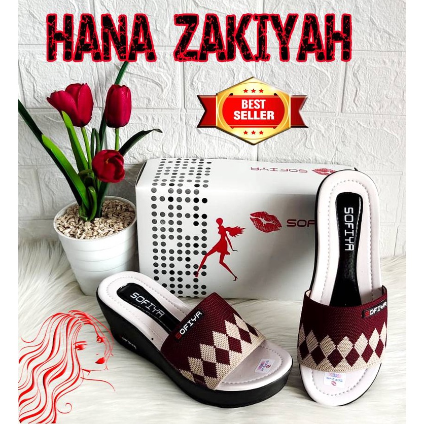 HANA ZAKIYAH SANDAL SOFIYA WEDGES RAJUT MERAH PUTIH TERBAIK DI KELASNYA