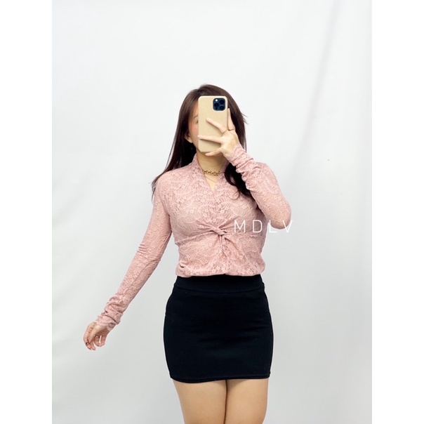 MDLV ~ 2777# Mexica Lace Twist Top Sexy blouse Brukat Lace premium Fashion Import