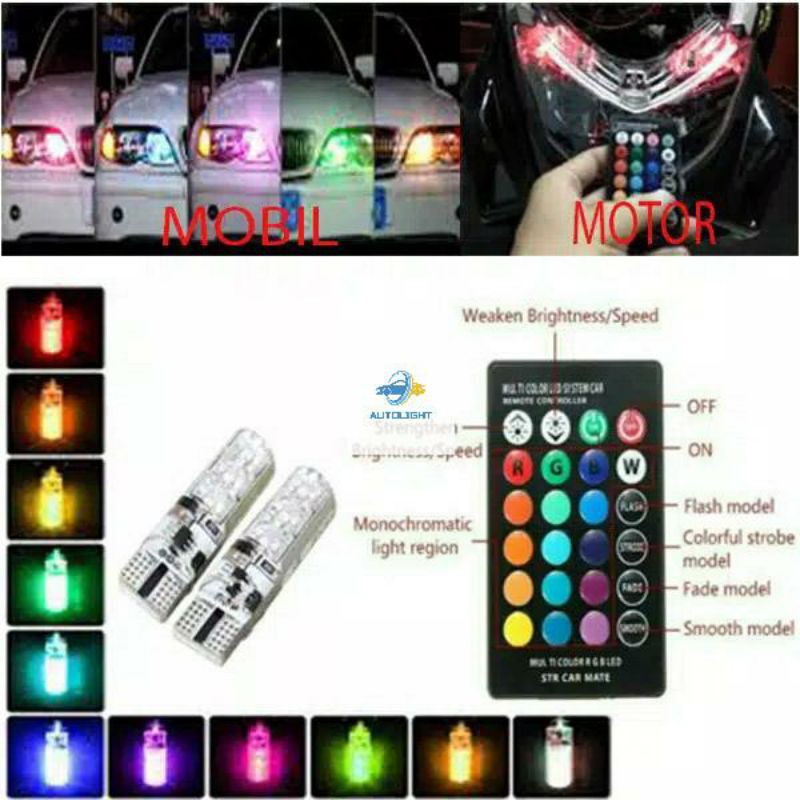 Lampu LED Senja / Kota T10 Silicone High Quality RGB + REMOT /COB&amp;SMD BISA MOBIL&amp; MOTOR 12V