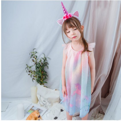 Limited Dress Anak Perempuan Lengan Pendek Motif Unicorn Impor