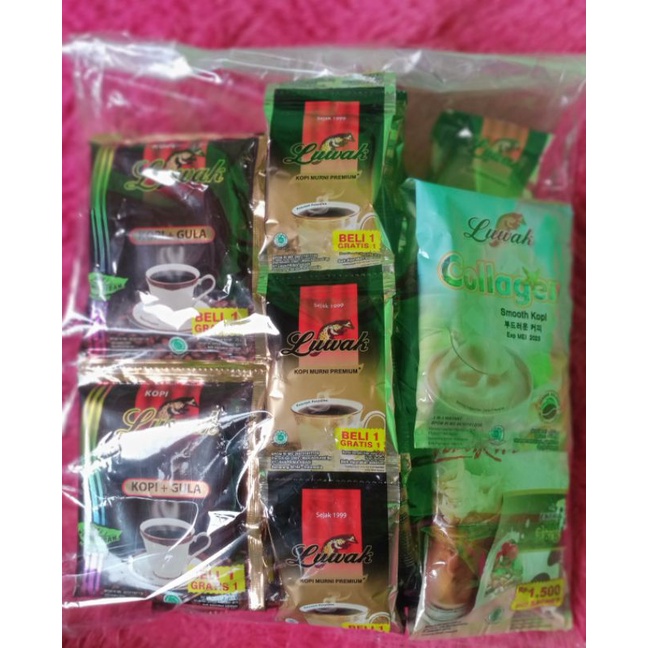 

paket kopi luwak murah ( kopi hitam gula 10pcs+ kopi pahit/murni 20pcs+ kopi collagen 2pcs+kopi tarik Malaka 2 pcs)