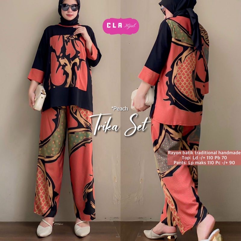 Trika Set Batik One Set Abstrak Rayon Warna Setcel Blus Celana Setelan Muslim Panjang Kantor Kasual Modern