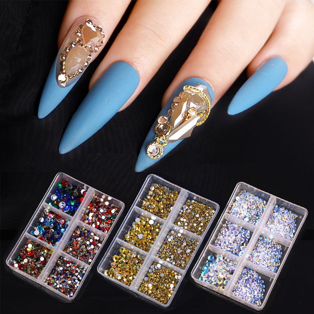 Anhes 6 Sekat / Kotak Kristal Berlian Imitasi Glitter 3D Warna-Warni Untuk Dekorasi Nail Art DIY