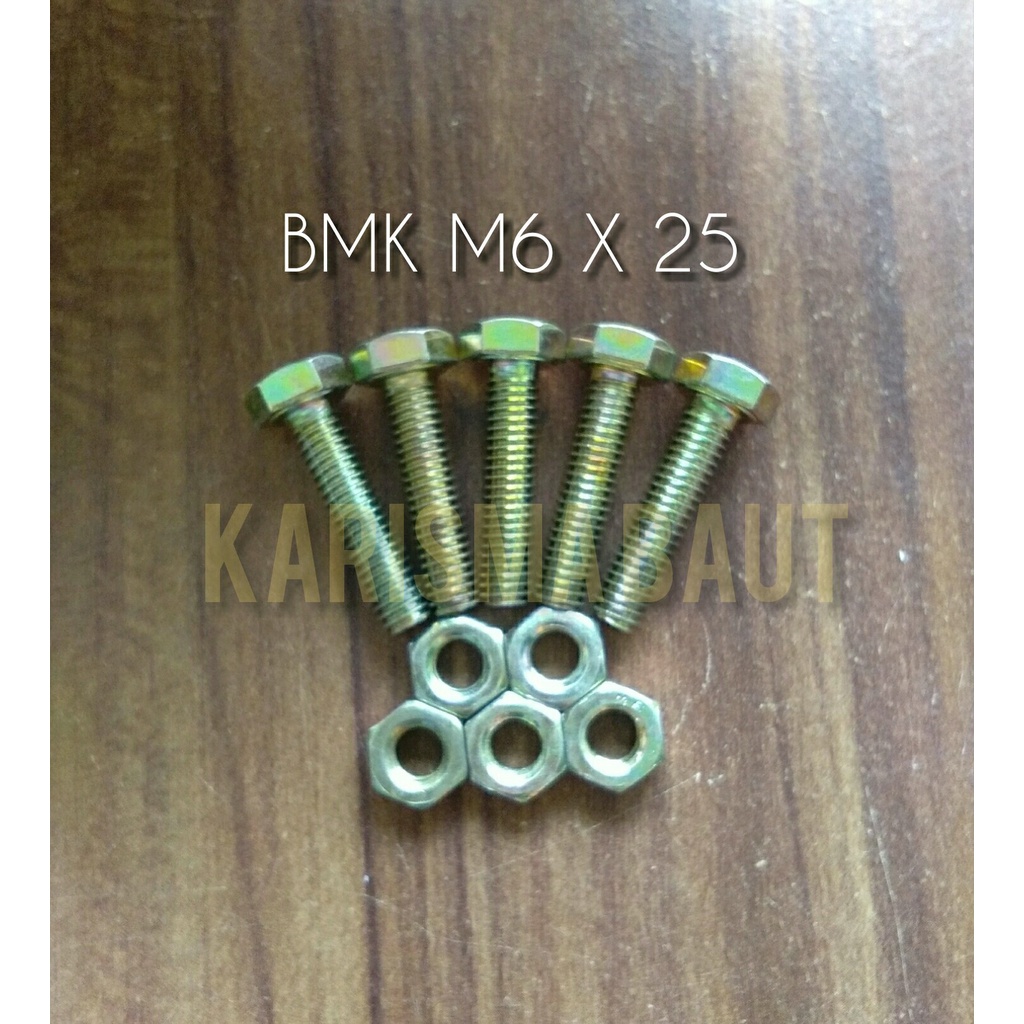[1 set baut+mur] BMK M6X25 (Baut Mur Kuning M6 x 25)