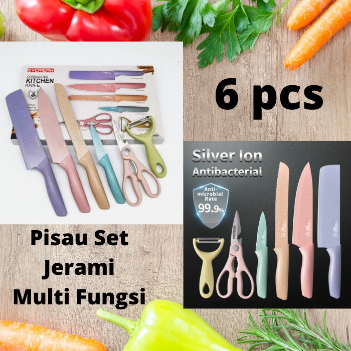 Pisau Set Stainless Tajam Dilapisin Anti Lengket 6in1 - Peralatan Pisau Set Dapur Alat Masak Jerami Gandum Premium Evcriverh