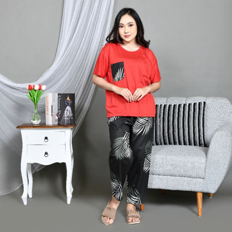 Baju Tidur Piyama Wanita/Cewek Dewasa CP Oblong Celana Panjang Kombinasi Kekinian-CP OBLONG BC.B RED
