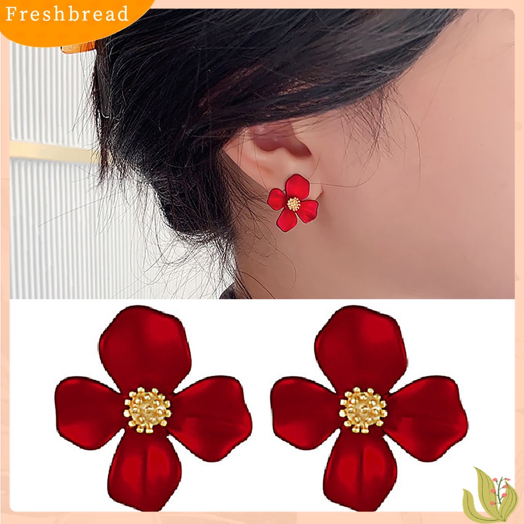 Fresh| 1 Pasang Anting Stud Bentuk Bunga Empat Kelopak Warna Merah Untuk Wanita